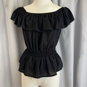 Old Navy Black Ruffle Blouse Elastic Waist Top Women’s XS On or Off-Shoulder